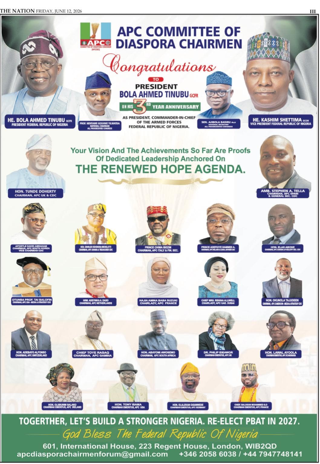 APC Diaspora Chairmen Committee Congratulates President Tinubu on Third Anniversary and Marks Democracy Day